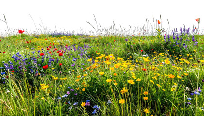Meadow vibrant with wildflowers, tall grasses in the sunlight