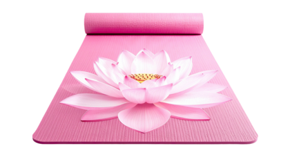 Pink lotus blossom rests on rolled pink yoga mat, black backdrop