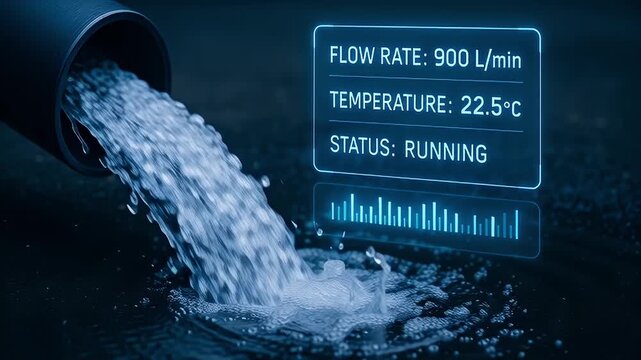 High flow water pouring from industrial pipe with digital overlay showing flow rate temperature and monitoring sensor display overlay and flowing water pipe discharge with holographic display 900