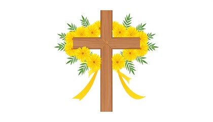 Wooden Cross with Yellow Flowers and Ribbons - A Symbol of Faith.