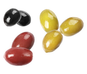 elegant arrangement of mixed olives in black, green, and red providing a gourmet touch, ideal for food and beverage product presentation
