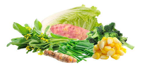 assortment of garden-fresh vegetables including chinese cabbage, choy sum, sweet potato, broccoli, scallions, turmeric root, and corn kernels, offering a balanced diet