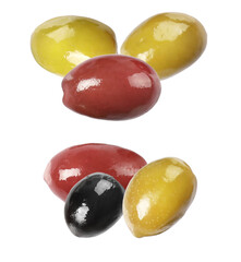 artful arrangement of black, green, and red olives capturing the essence of fine dining, well-suited for gourmet food product marketing