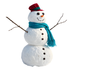 A cheerful snowman wearing a blue scarf and a red and green hat, isolated on transparent background