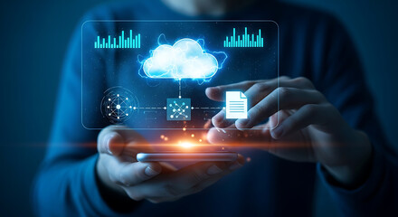 Person holding a smartphone showing cloud computing and data management interface with analytics and file transfer icons.