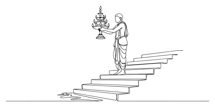 Priest performing Ganga Aarti ceremony in Varanasi continuous single line drawing Hindu ritual on Ganges river vector