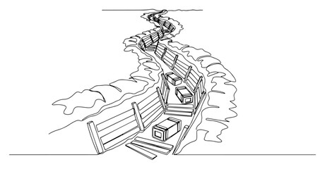 Continuous one line drawing of a World War I trench. Historical military battlefield and warfare concept minimalist hand drawn vector illustration.