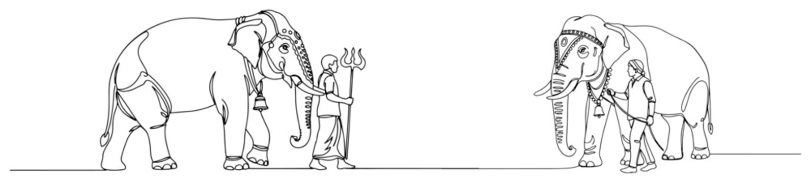 Man with trishul leading a decorated temple elephant continuous one line drawing Indian religious festival procession vector illustration