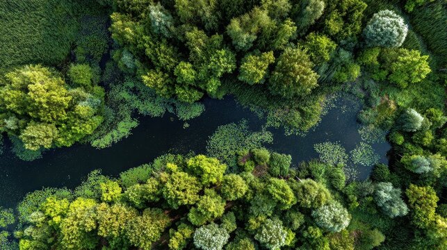 Dark River Winding Through Dense Green Floodplain Forest, Aerial View