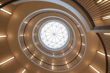 Stunning spiral staircase design reaching towards a modern skylight, perfect for architecture firms or interior design projects, full of geometric harmony