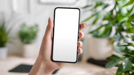 Naklejka premium Close-up of female hand holding a modern smartphone with empty white screen, ready for app design or mockup display.