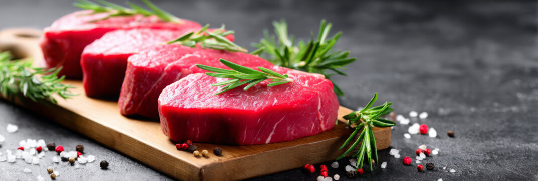 Fresh red meat steaks arranged on a wooden cutting board with sprigs of rosemary and scattered spices, showcasing culinary preparation and gourmet presentation