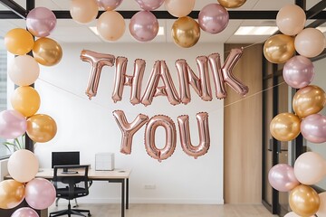 Celebrate business success with a vibrant office party featuring festive balloons and a heartfelt 'Thank You' message for team appreciation and positive workplace vibes