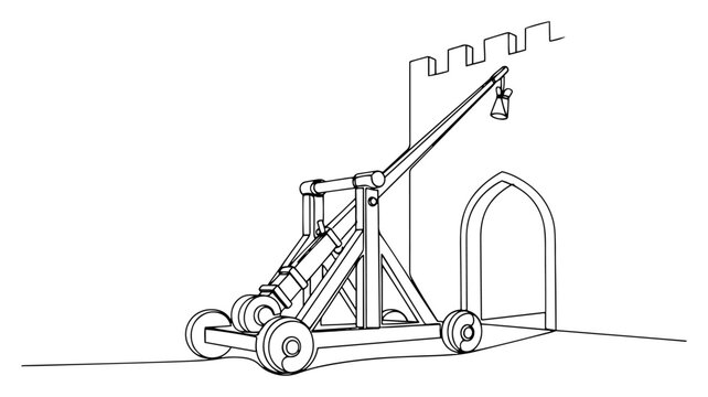 Medieval trebuchet siege engine at castle gate continuous one line drawing Historical war weapon vector illustration