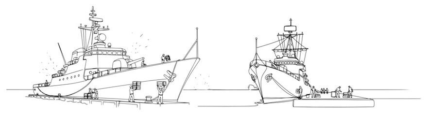 One continuous line drawing of a modern warship and an old sailing ship docked together. Evolution of navy battleships concept. Minimalist maritime vector illustration. © Wieslaw