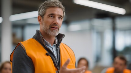 Employees participating in a fire safety training session with an instructor explaining evacuation procedures, highlighting teamwork, awareness, and occupational safety compliance. cinematic color