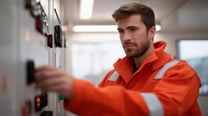 A control panel for a building’s fire alarm system being inspected by a technician, highlighting reliability, professional maintenance, and safety technology. cinematic color correction, gentle