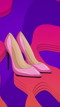Animation of pink high heeled shoes on purple and pink abstract background