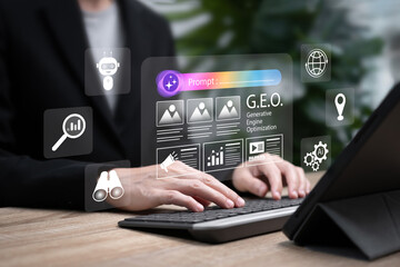 Generative Engine Optimization (GEO) Concept, Businesswoman using AI Technology for Proactive...