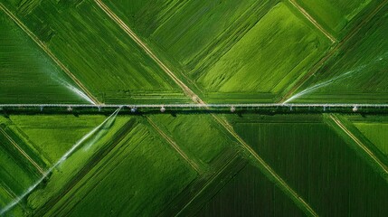 Center Pivot Irrigation System Watering Vast Green Agricultural Fields from Above