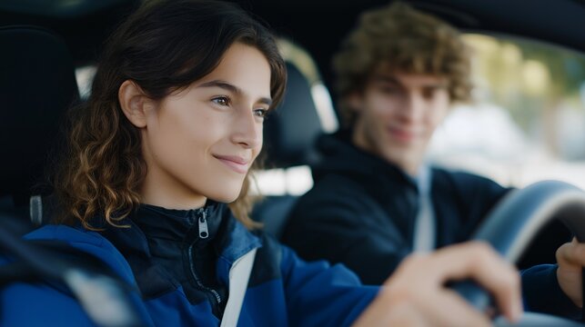 A young learner driver practicing car maneuvers with an instructor in the passenger seat, symbolizing education, road safety, and skill development in a professional driving school environment.