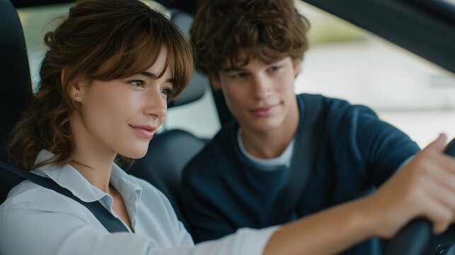 A female instructor guiding a nervous student through a parallel parking exercise, symbolizing patience, mentorship, and confidence-building in driver education. cinematic color correction, gentle