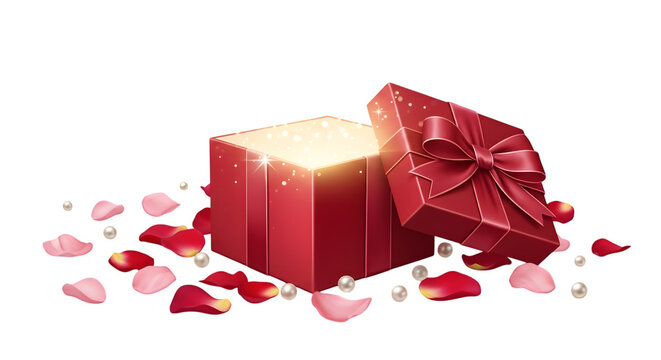 Open red gift box with glowing light and rose petals isolated on transparent background