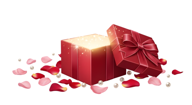 Open red gift box with glowing light and rose petals isolated on transparent background
