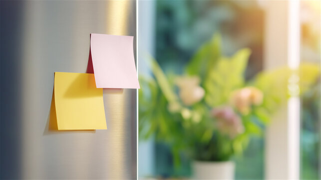 Sticky notes in soft sunlight on glass window with blurred flowers behind, concept of organization, creativity and planning with calm mood.