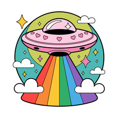 Cute Pink UFO with Rainbow Beam
