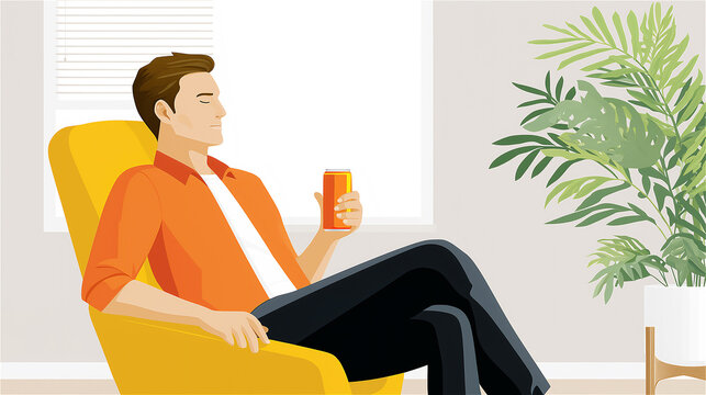 Illustration of man sitting in chair with drink, concept of relaxation, balance and mindfulness in modern lifestyle. - Powered by Adobe