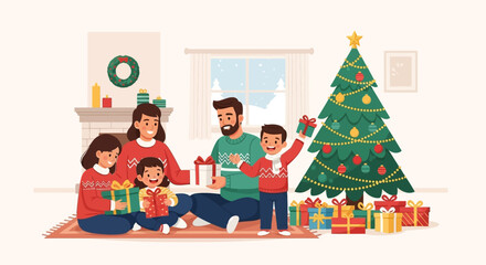 Family opening Christmas presents by a decorated tree.