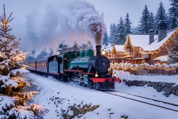 Nostalgic Winter Train Journey Through a Snow-Covered Landscape with Festive Lights.