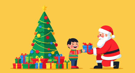 Santa Claus giving a gift to a child near a Christmas tree with presents.