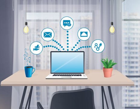 Modern desk setup showcasing seamless connectivity for remote work, with laptop, plant, and coffee in a bright, inspiring workspace for productivity