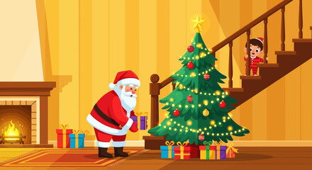 Santa Claus placing presents under a Christmas tree while a child watches from the stairs.