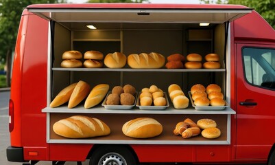 Bakery food truck with bread and pastry display at catering event