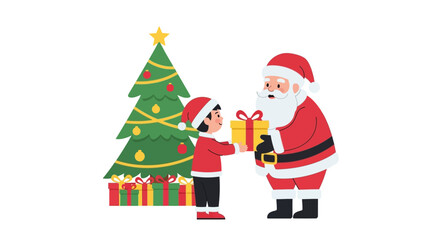 Santa Claus giving a gift to a child near a Christmas tree.