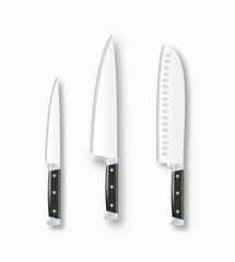 Realistic 3D kitchen knife set meat cleaver types of cutlery for cooking. Kitchen. Vector