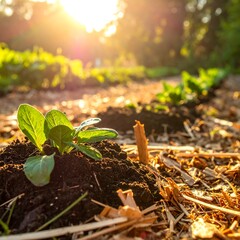 Young Plant Growing in Garden Soil Under Warm Sunlight.