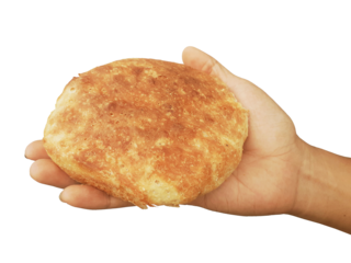 Holding a loaf of bread, isolated on a PNG background.