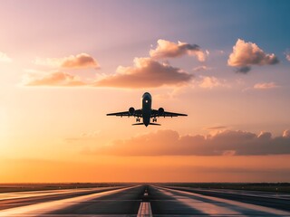 Fototapeta premium Airplane taking off into a vibrant sunset sky over a runway