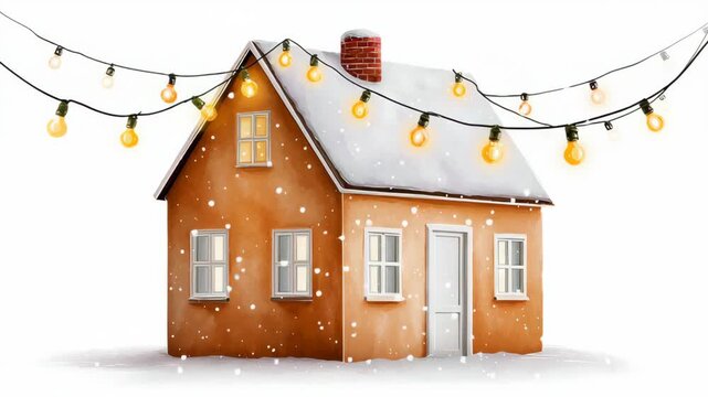 Charming winter house adorned with glowing string lights, surrounded by falling snowflakes, showcasing a cozy atmosphere, camera gradually zooms in to capture festive details and warmth
