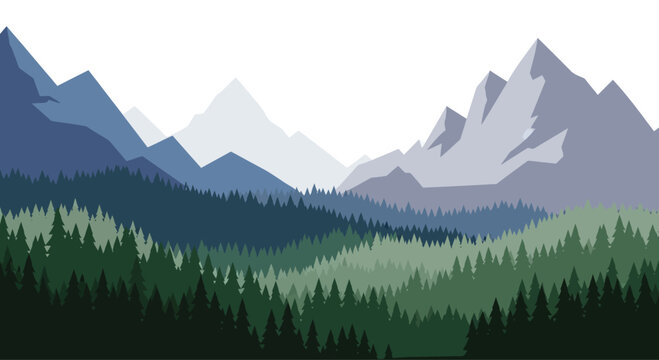 A simple landscape illustration of mountains and a forest with trees in varying shades of green