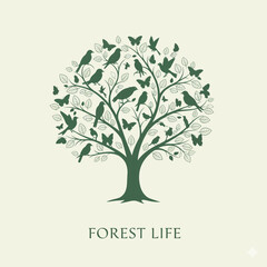Obraz premium Forest Life Bird Butterfly Tree Silhouette Logo