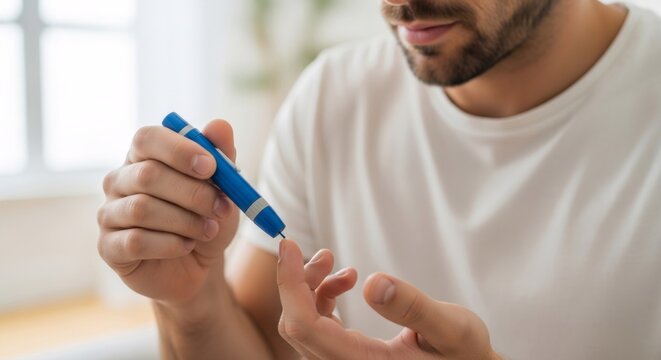 A Caucasian man using a lancing device on finger at home. Banner template for diabetes health care and blood glucose level monitoring. Managing insulin resistance, diabetes awareness month.