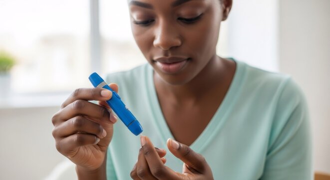 African american woman using a lancing device on finger at home. Banner template for diabetes health care and blood glucose level monitoring. Managing insulin resistance, diabetes awareness month.