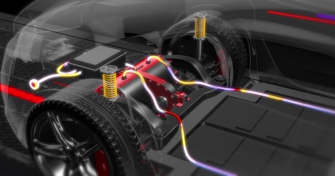 Electric vehicle cross section displaying engine, battery, and current flow. Electric cars related 4K 3D Animation.