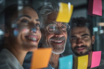 Group of young professionals collaborating during brainstorming session, using colorful sticky notes on glass wall in modern office.