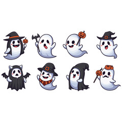 Adorable Halloween Ghosts Character Set: Cute Cartoon Spirits Wearing Witch Hats, Hoods, Bat Costumes, and Holding Jack-O'-Lanterns for Spooky-Sweet Holiday Design Assets
